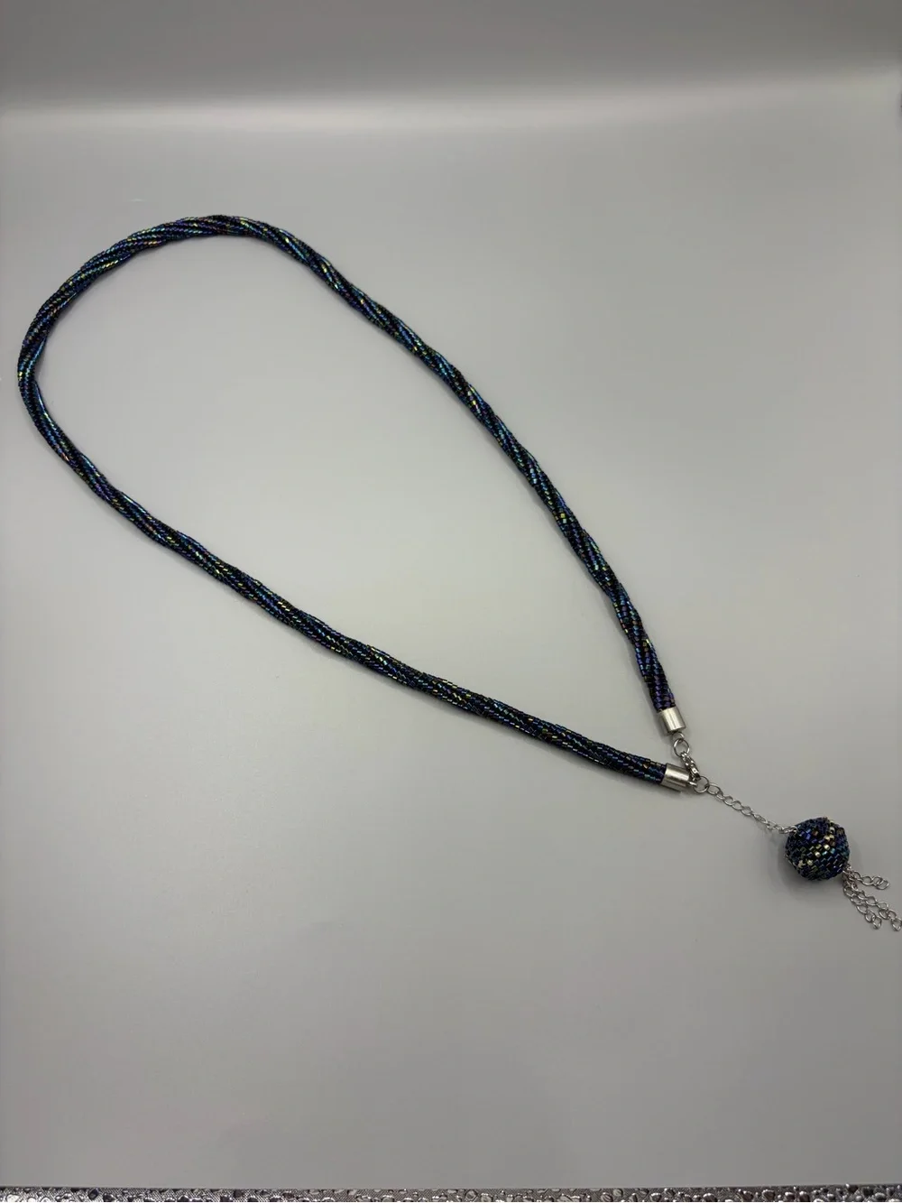 Iridescent Navy Beaded Rope Necklace with Tassel Pendant